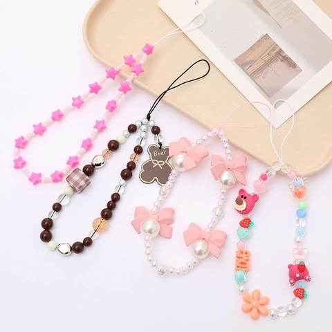 Perlen Handy Lanyard Süßer Cartoon Bär Herz Stern Schleife Muster Anti-Verlust Mobile Strap Accessoire Für Damen Mädchen