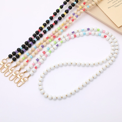 Handmade Beaded Wood Phone Lanyard With Smile Face Pattern Crossbody Phone Chain Alloy Lobster Clasps Strap For Women
