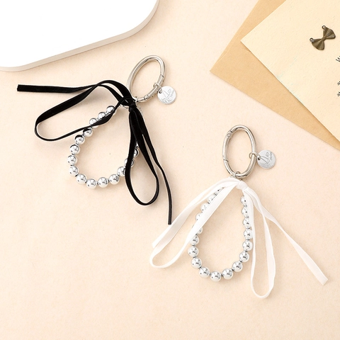 Portachiavi con Fiocco in Nastro con Perline UV Argento in Stile Coreano per Donna Elegante Ciondolo a Fiocco in Velluto Satinato Accessorio