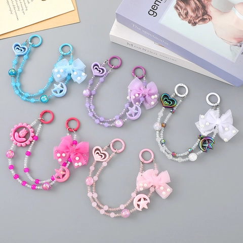 Handmade Crystal Beaded Bag Charm Tulip Star Moon Heart Pendant Wrist Phone Lanyard With Mesh Bow Artificial Pearl For Women