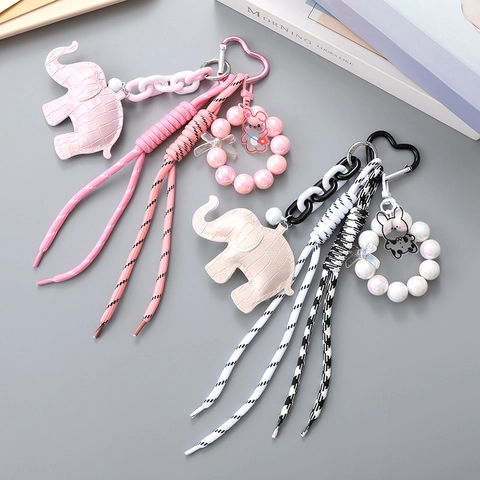 Ciondolo per Borsa a Forma di Elefante Cane Cartoon Portachiavi con Perle Artificiali Strass Corda Intrecciata Fiocco Cuore per Donna