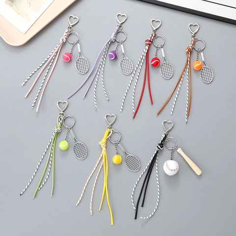 Porte-clés Raquette de Tennis Balle Corde Tissée Pendentif de Sac Style Sportif Fermoir Coeur Anneau Porte-clés pour Femmes