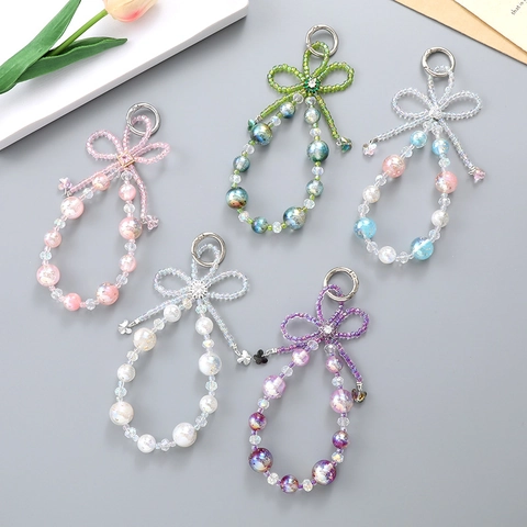 Handmade Beaded Starry Sky Bowknot Phone Chain Keychain Pendant Alloy Rhinestone Plastic Beads Butterfly Bag Hanging Accessories