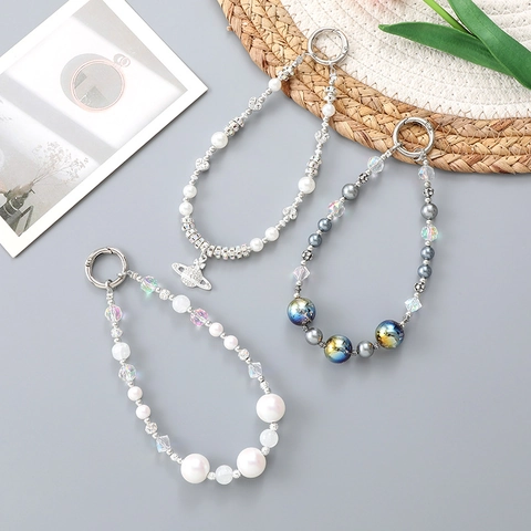 Handmade Beaded Planet Keychain For Women Artificial Pearl Rhinestone Saturn Charm Phone Strap Bag Accessories Fashion Jewelry Pendant