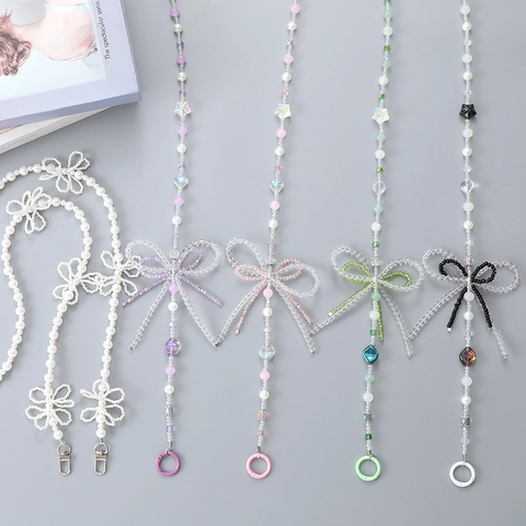 Lanière de Téléphone en Bandoulière de Perles Artisanales Avec Nœud Cœur Étoile Perles Acryliques Universel Mode Femme