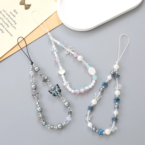 Handmade Beads Phone Lanyard Star Butterfly Bow Design Phone Charm Strap Artificial Pearl Acrylic Bead Phone Accessory