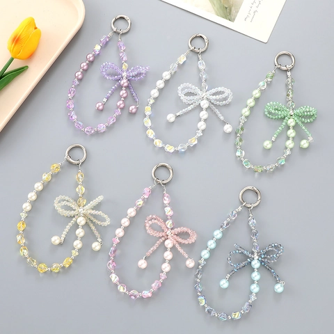 Handmade Bowknot Crystal Beaded Phone Charm With Imitation Artificial Pearl High-End Fashion Irregular Bead Bag Hanging Chain Women Jewelry