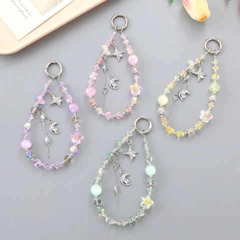 Handmade Beaded Star Moon Phone Charm Wrist Strap Women Dreamy Irregular Beads Keychain Bag Pendant Anti-loss Accessory