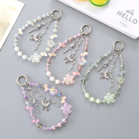 Handgefertigter Perlen Blumen Schmetterling Anhänger Handyband Taschenanhänger Für Damen Rose Quaste Strass Schlüsselanhänger Zubehör