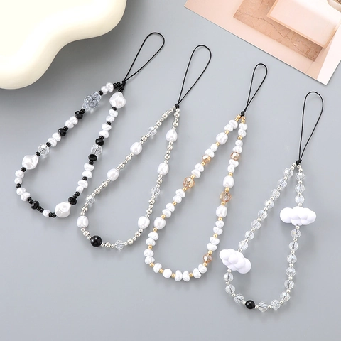Handmade Beaded Phone Charm Strap With Faux Artificial Baroque Pearl Cloud Pattern Silver Plated Beads Anti-Lost Lanyard For Women