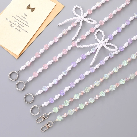 Catena per Telefono a Tracolla Fatta a Mano con Perline Fiore di Rosa e Fiocco in Resina Imitazione Perla Artificial per Donna