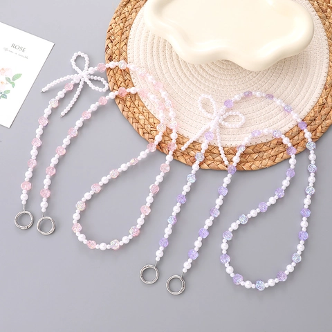Catena per Telefono a Tracolla Fatta a Mano con Perline Fiore di Rosa e Fiocco in Resina Imitazione Perla Artificial per Donna