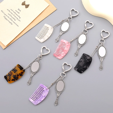 Vintage Mini Kamm Und Make-Up Spiegel Schlüsselanhänger Acetat Marmor Herzverschluss Taschenanhänger Damen Schmuck Zubehör