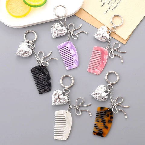 Acetate Mini Comb Heart Bow Keychain Bag Charm For Women Metal Keyring Fashion Accessory For Handbag Phone Decor Gift