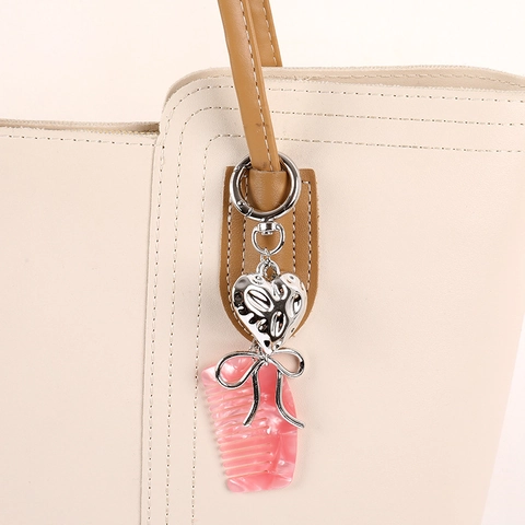 Acetate Mini Comb Heart Bow Keychain Bag Charm For Women Metal Keyring Fashion Accessory For Handbag Phone Decor Gift