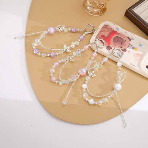 Elegant Alloy Butterfly Beaded Keychain Bag Charm For Women Handmade Plastic Resin Artificial Pearl Phone Case Decoration Gift