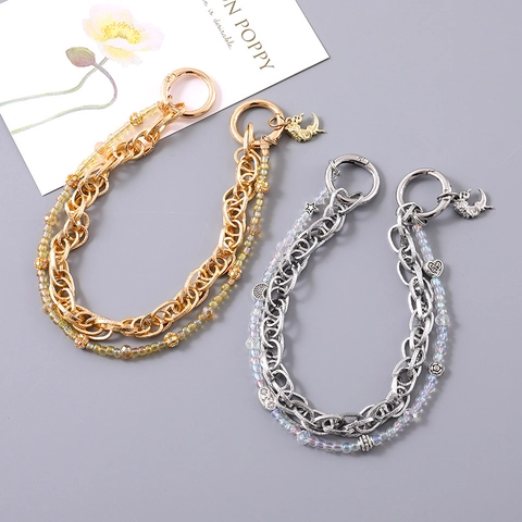 Double Layer Metal Chain Beaded Handheld Bag Accessory Moon Star Pendant Keychain For Women Fashion Bag Decorative Hanging Charm