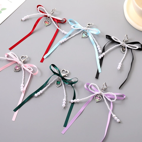 Satin Doppel Schleife Tasche Anhänger Herz Blume Künstliche Perle Legierung Strass Schlüsselanhänger Damen Handyhülle Anhänger