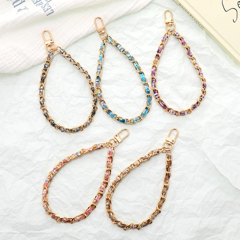 Fashion Handwoven Metal Chain Synthetic Leather Phone Lanyard Keychain For Women Bag Charm Anti-lost Versatile Accessories