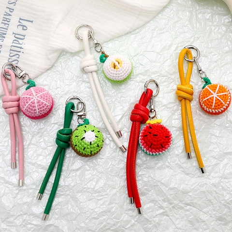 Portachiavi in Frutta All'uncinetto Fatto a Mano Corda in Pelle Mela Anguria Arancia Pitaya Kiwi Ciondolo per Borsa