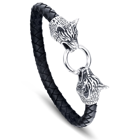 Vintage Doppel Wolfskopf Titanstahl Leder Geflochtenes Armband Für Herren Punk Wikinger Stil Biker Schmuck Geschenk