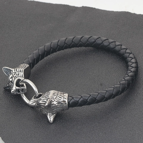 Vintage Doppel Wolfskopf Titanstahl Leder Geflochtenes Armband Für Herren Punk Wikinger Stil Biker Schmuck Geschenk