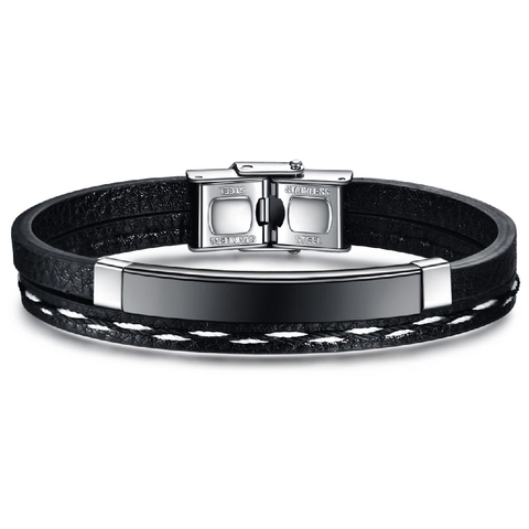 Bracciale Minimalista in Pelle a Doppio Strato in Acciaio Inossidabile per Uomo Donna Gioielli Geometrici Urban Pendolare