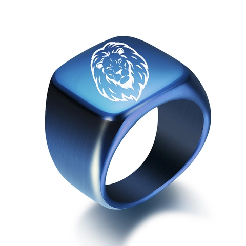 Men's Stainless Steel Lion Head Signet Ring Laser Engraved Animal Pattern Square Brushed Finish Biker Fashion Jewelry Finger Ring