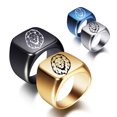 Men's Stainless Steel Lion Head Signet Ring Laser Engraved Animal Pattern Square Brushed Finish Biker Fashion Jewelry Finger Ring