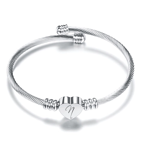 Stainless Steel Initial Heart Cable Wire Bangle For Women Personalized Engraved Open Cuff Bracelet Minimalist Jewelry