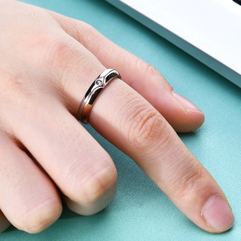 Minimalist 304 Stainless Steel Rhinestone Couple Rings Geometric Color Splicing Band Ring For Valentine Day Lovers Jewelry Gift