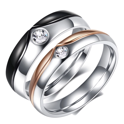 Minimalist 304 Stainless Steel Rhinestone Couple Rings Geometric Color Splicing Band Ring For Valentine Day Lovers Jewelry Gift