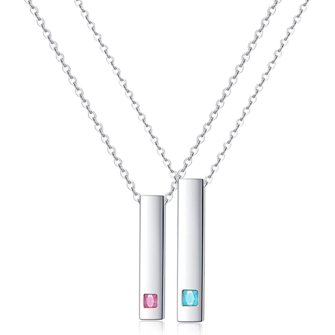 Minimalist 304 Stainless Steel Pendant Necklace With Blue Pink Rhinestone Inlaid Geometric Couple Jewelry For Men Women