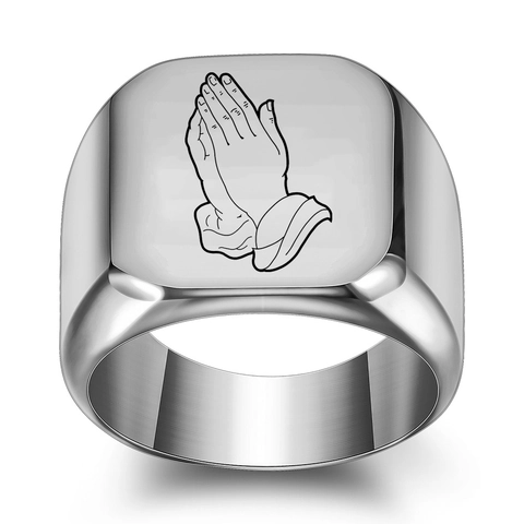 Stainless Steel Signet Ring For Men Women Engraved Praying Hands Infinity Symbol Punk Religious Jewelry Band Ring Gold Silver