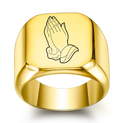 Stainless Steel Signet Ring For Men Women Engraved Praying Hands Infinity Symbol Punk Religious Jewelry Band Ring Gold Silver