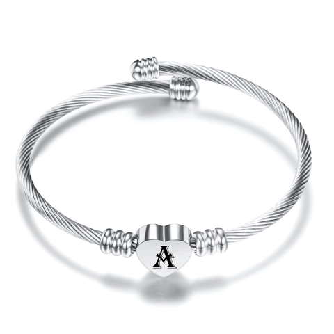 Bracciale Rigido Aperto in Cavo Intrecciato in Acciaio Inossidabile Con Ciondolo a Cuore Con Iniziale Alfabeto Per Donna Gioielli Personalizzati