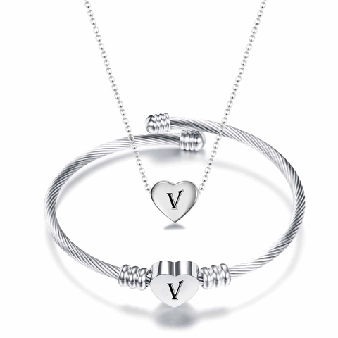 Edelstahl Herz Initial Halskette Und Gedrehtes Kabel Armband Schmuckset Für Damen Silber Buchstaben A-Z Anhänger Geschenk