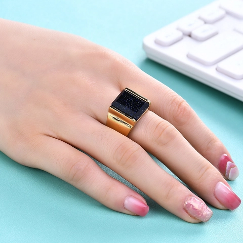 Men Fashion 304 Stainless Steel Signet Ring Square Turquoise Blue Sandstone Black Gemstone Inlaid Wide Band Finger Ring