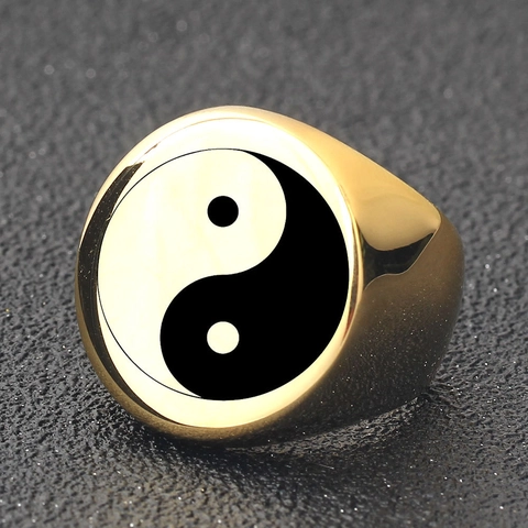 Vintage 304 Stainless Steel Yin Yang Tai Chi Signet Ring For Men Round Face Polished Personalized Fashion Hip Hop Jewelry