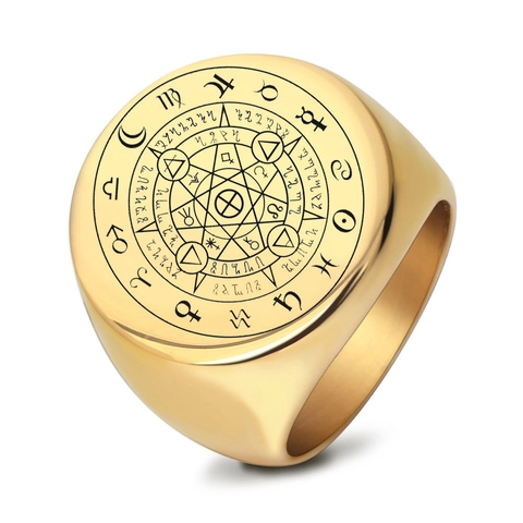 Anello con Sigillo Vintage in Acciaio Inossidabile 304 per Uomo Simboli di Astrologia Zodiacale Incisi al Laser Top Tondo Geometrico Oro Acciaio Fascia Gioielli Regalo