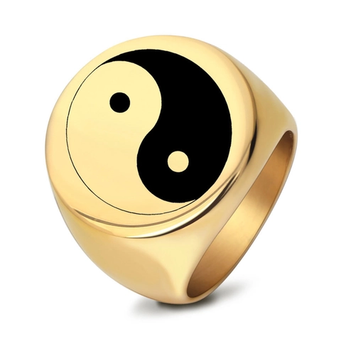 Vintage 304 Stainless Steel Yin Yang Tai Chi Signet Ring For Men Round Face Polished Personalized Fashion Hip Hop Jewelry