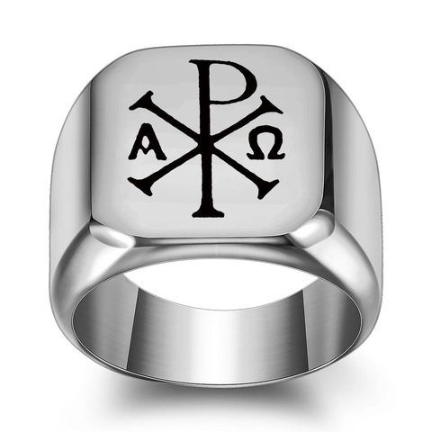 Chevalière Homme en Acier Inoxydable Rétro Carré Poli Symbole Religieux Chrétien Chi-Rho Alpha Omega Gravé au Laser