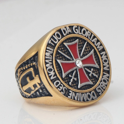 Vintage Stainless Steel Knights Templar Cross Ring For Men Gold Plated Red Enamel Zirconia Inlaid Christian Band Jewelry