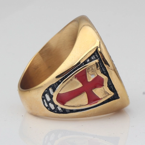 Vintage Stainless Steel Knights Templar Cross Ring For Men Gold Plated Red Enamel Zirconia Inlaid Christian Band Jewelry