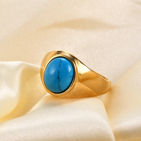 Bague Chevalière Vintage en Acier Inoxydable 304 avec Pierre d'Oeil de Tigre Obsidienne Ovale Plaqué Or 18K Rétro Unisexe Bijoux