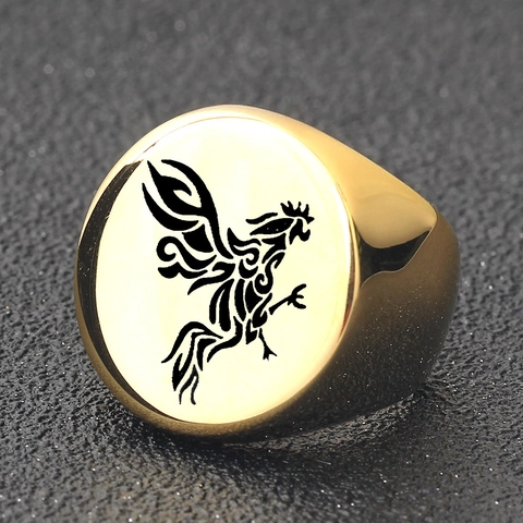 Stainless Steel Chinese Style Laser Engraved Zodiac Rooster Signet Ring For Men Women Vintage Tribal Totem Polished Animal Pattern Finger Ring Jewelry