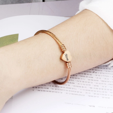 Stainless Steel Heart Mom Engraved Open Cuff Bangle Cable Wire Braided Bracelet For Women Mother's Day Jewelry Gift
