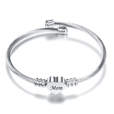 Stainless Steel Heart Mom Engraved Open Cuff Bangle Cable Wire Braided Bracelet For Women Mother's Day Jewelry Gift
