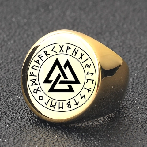 Anello da Sigillo con Rune Vichinghe Norrene Valknut in Acciaio Inossidabile Tondo Punk Biker Anelli per Uomo Gioielli Vintage