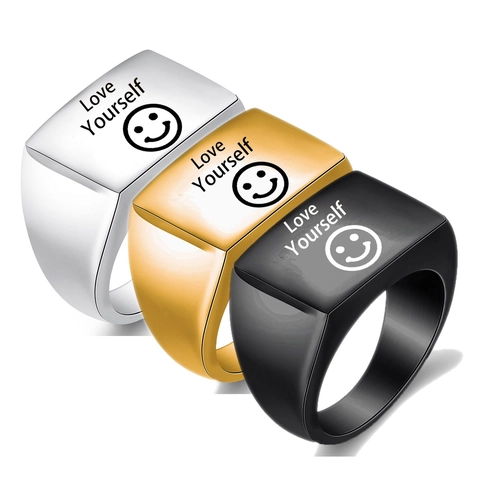 Anillo de Sello Rectangular de Acero Inoxidable Grabado con Láser Love Yourself Cara Sonriente Oro Plata Negro Banda para Hombre Mujer